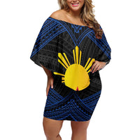Personalized Philippines Off Shoulder Short Dress Polynesian Tribal Tattoo with Filipino Flag Motif LT9 Women Black - Polynesian Pride