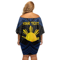 Personalized Philippines Off Shoulder Short Dress Polynesian Tribal Tattoo with Filipino Flag Motif LT9 - Polynesian Pride