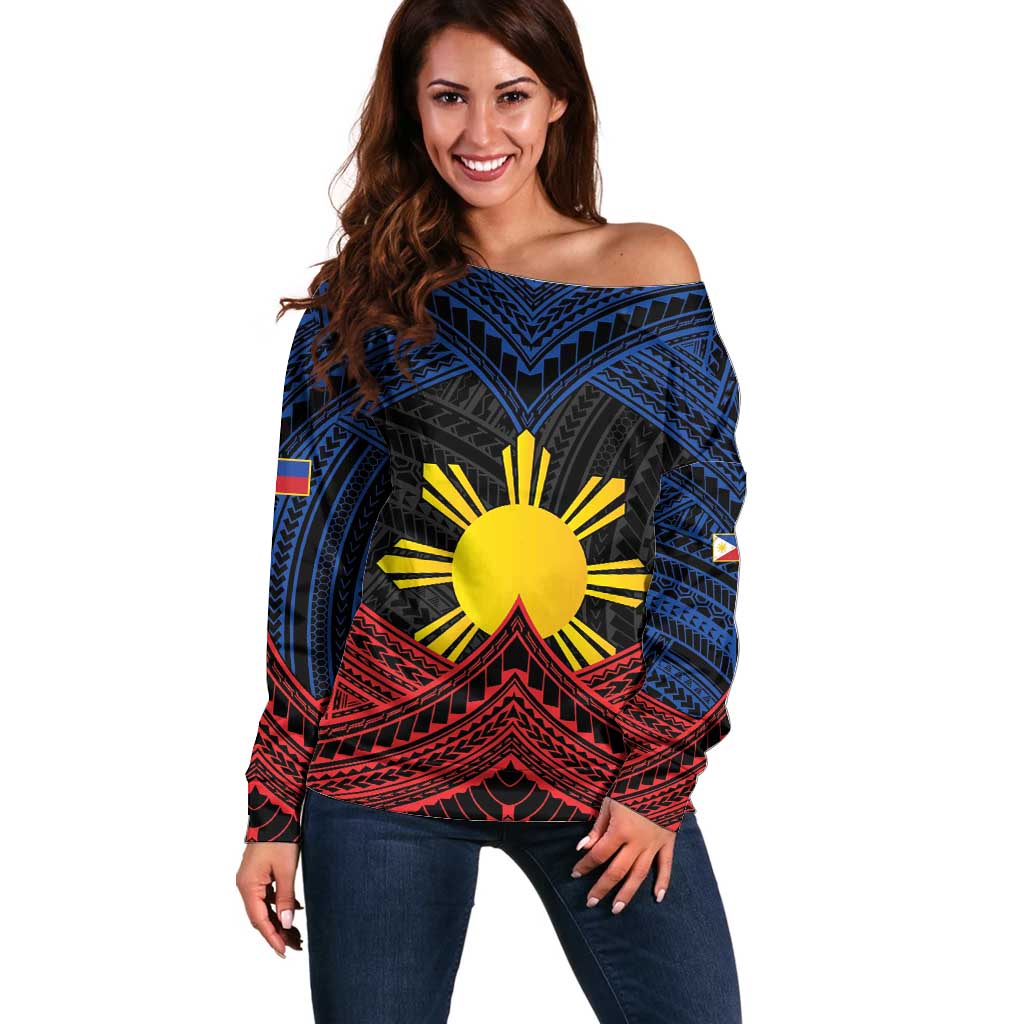 Personalized Philippines Off Shoulder Sweater Polynesian Tribal Tattoo with Filipino Flag Motif LT9 Women Black - Polynesian Pride