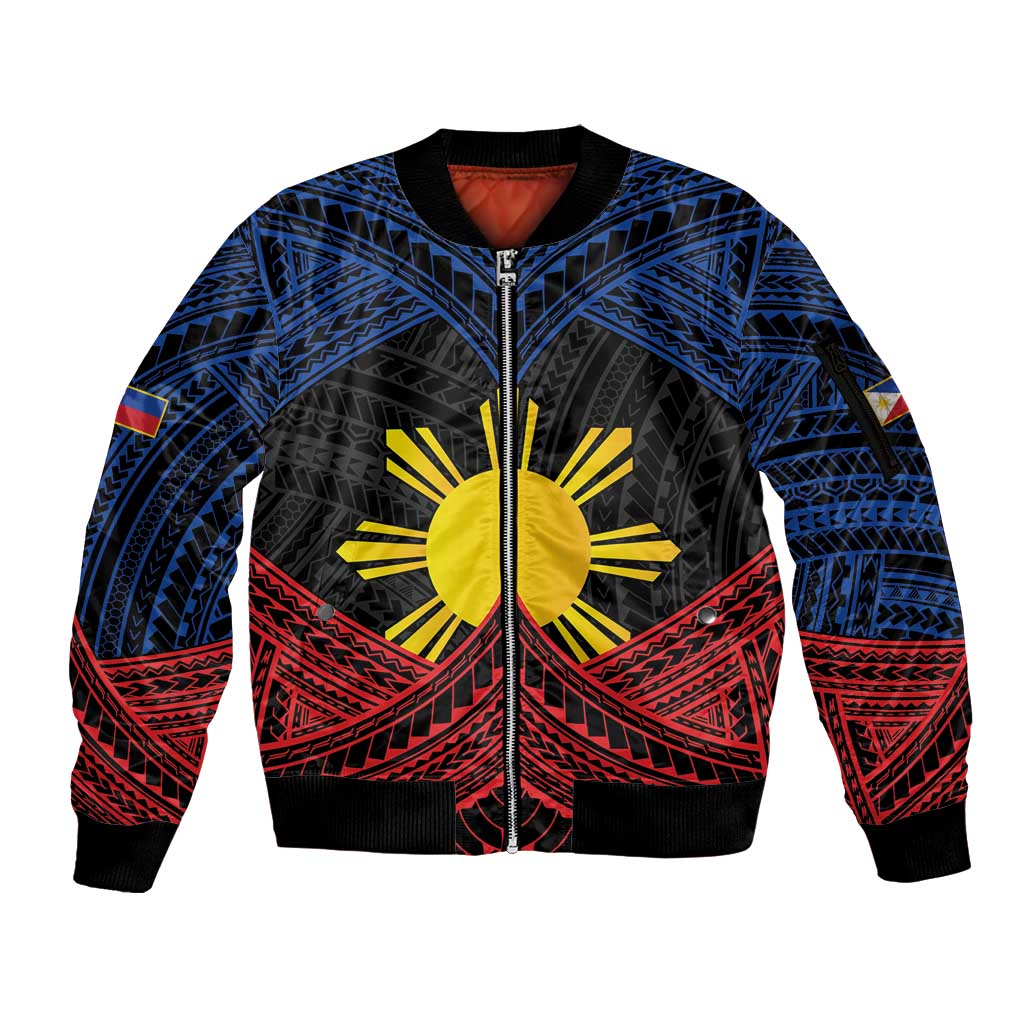 Personalized Philippines Sleeve Zip Bomber Jacket Polynesian Tribal Tattoo with Filipino Flag Motif LT9 Unisex Black - Polynesian Pride
