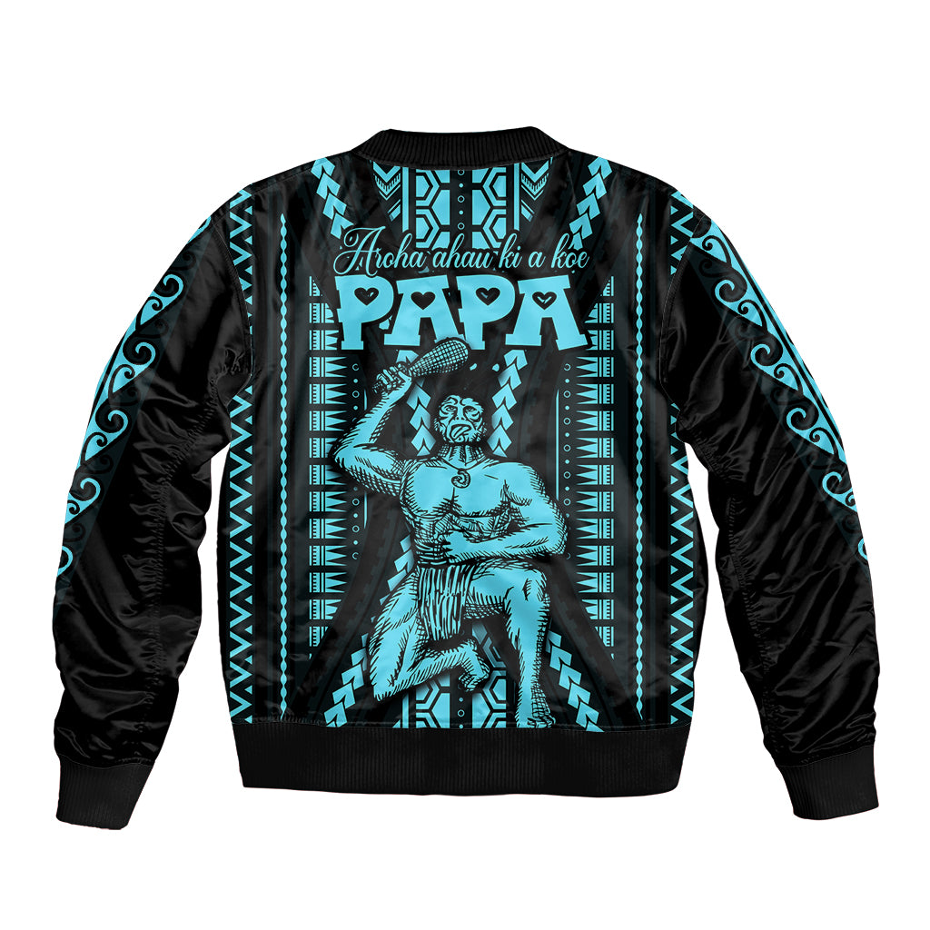 Personalised Aotearoa Father's Day Gift For Dad Bomber Jacket Aroha Ahau Ki A Koe Papa - Aqua Maori Style Pattern LT9 - Polynesian Pride