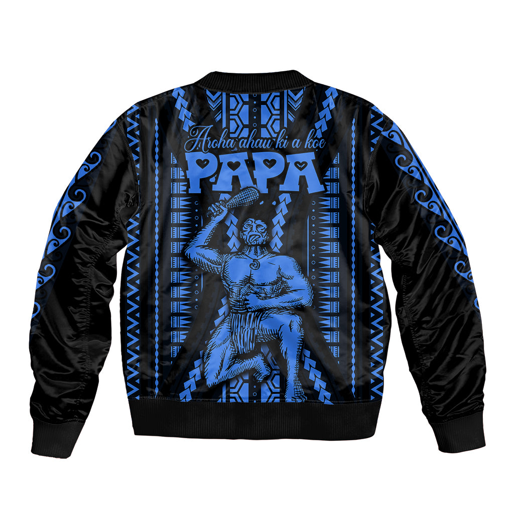 Personalised Aotearoa Father's Day Gift For Dad Bomber Jacket Aroha Ahau Ki A Koe Papa - Blue Maori Style Pattern LT9 - Polynesian Pride