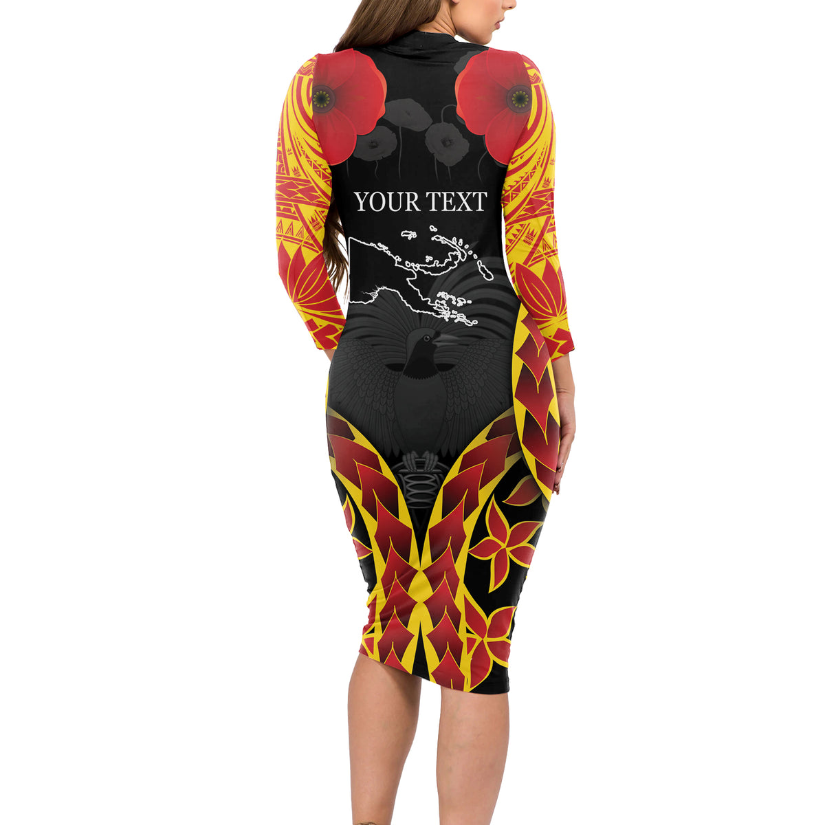 Personalised Papua New Guinea Remembrance Day Long Sleeve Bodycon Dress LT9 - Polynesian Pride