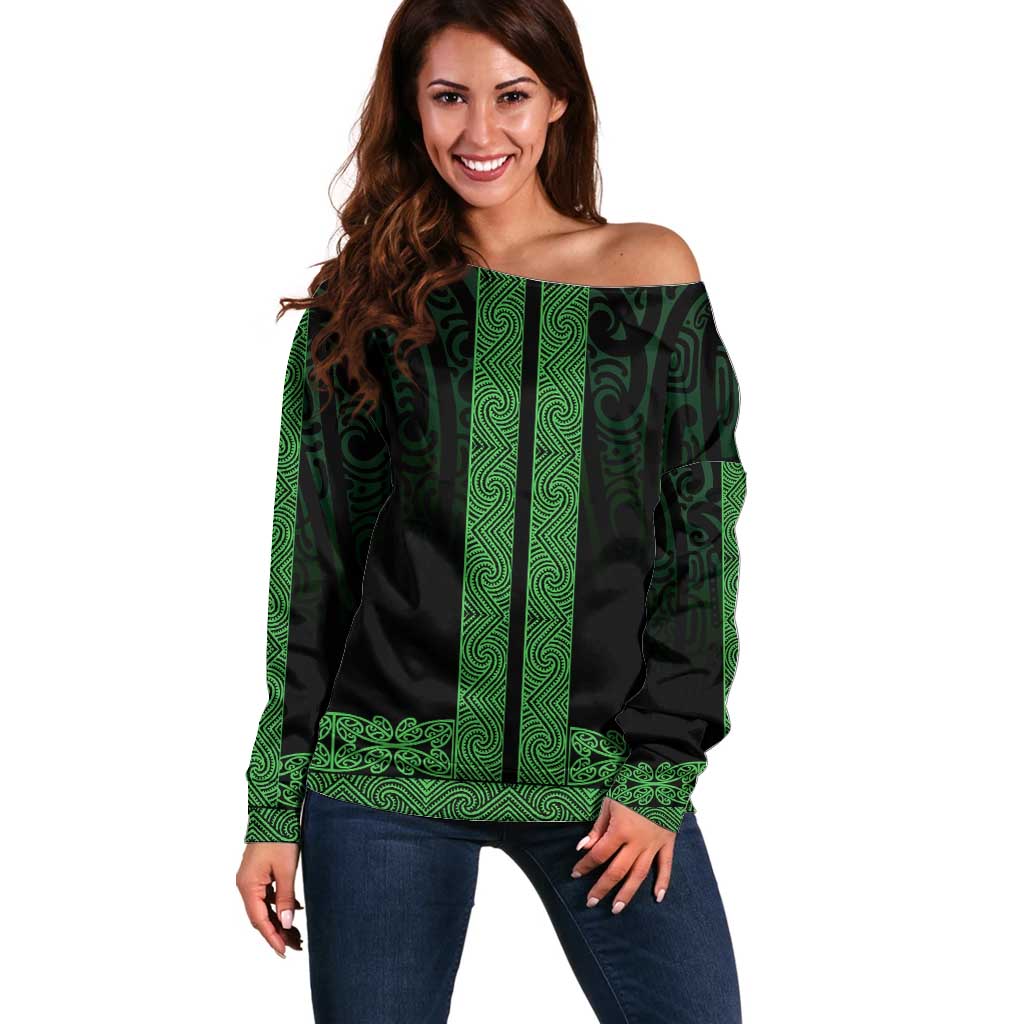 New Zealand Maori Kowhaiwhai Off Shoulder Sweater Kakariki Maui and Mangopare LT9 Women Green - Polynesian Pride