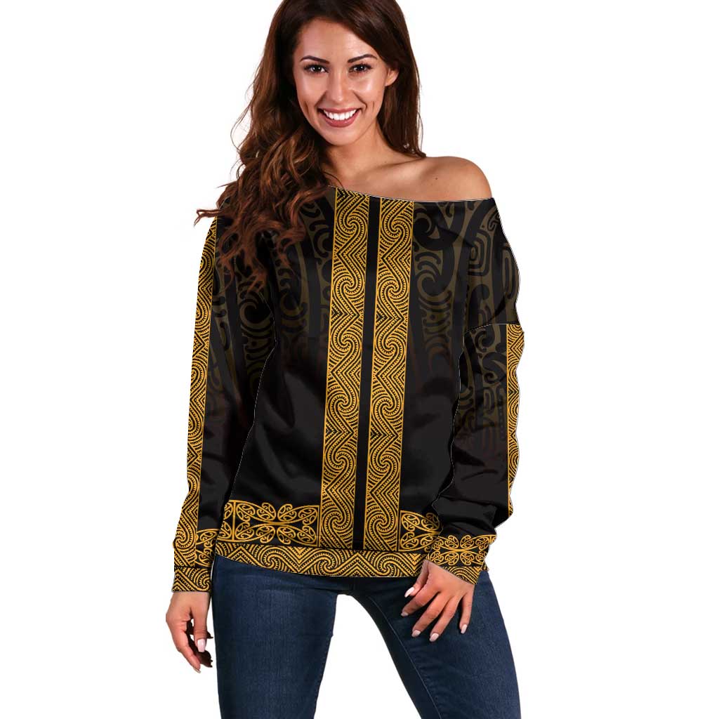 New Zealand Maori Kowhaiwhai Off Shoulder Sweater Karaka Maui and Mangopare LT9 Women Gold - Polynesian Pride