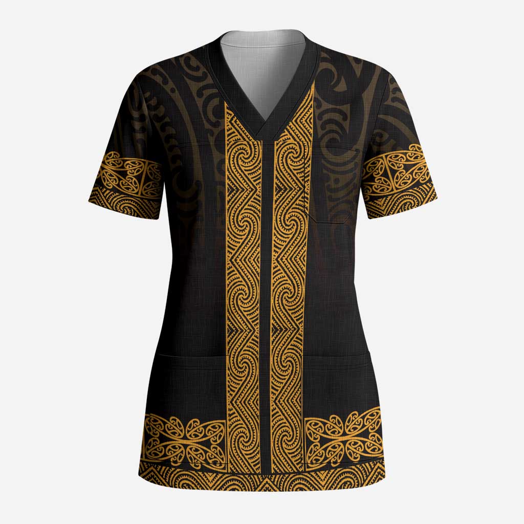 New Zealand Maori Kowhaiwhai Scrub Top Karaka Maui and Mangopare LT9 Adult Gold - Polynesian Pride