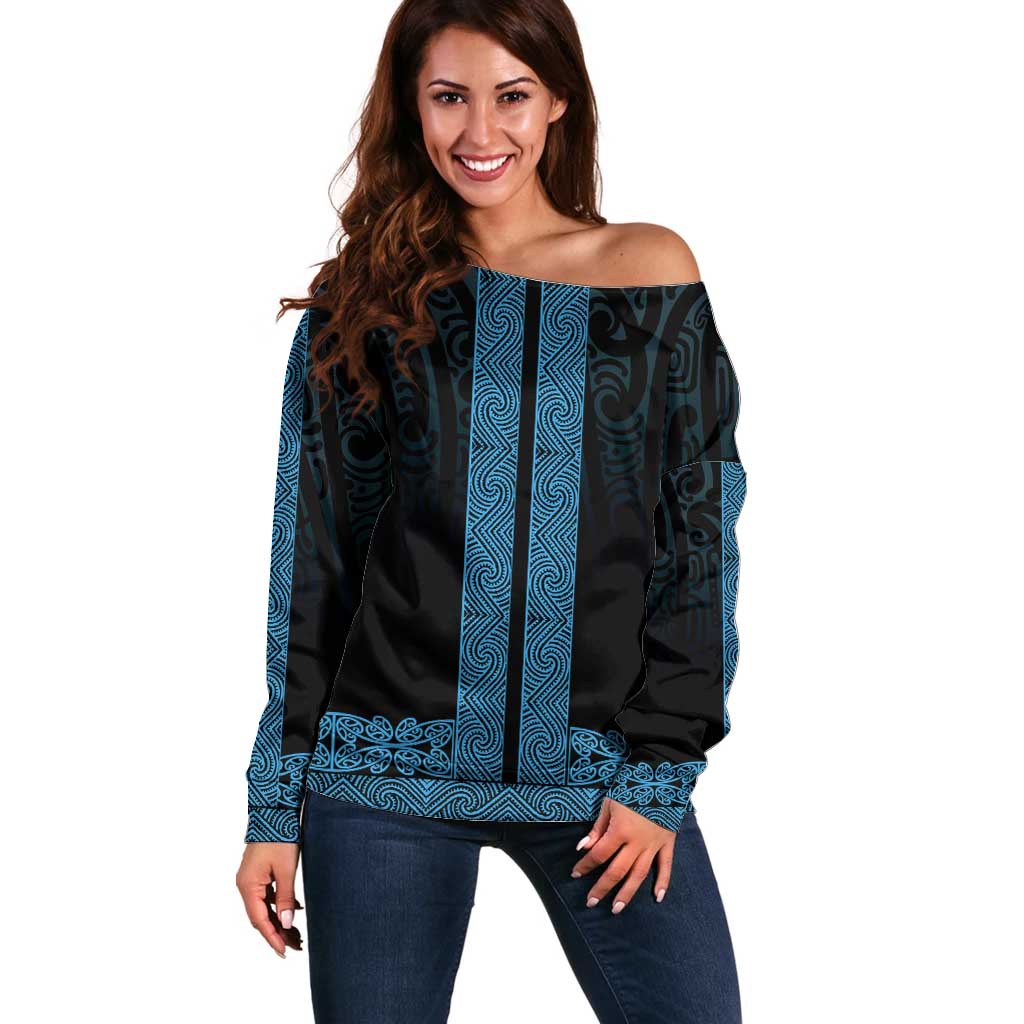New Zealand Maori Kowhaiwhai Off Shoulder Sweater Kikorangi Maui and Mangopare LT9 Women Blue - Polynesian Pride