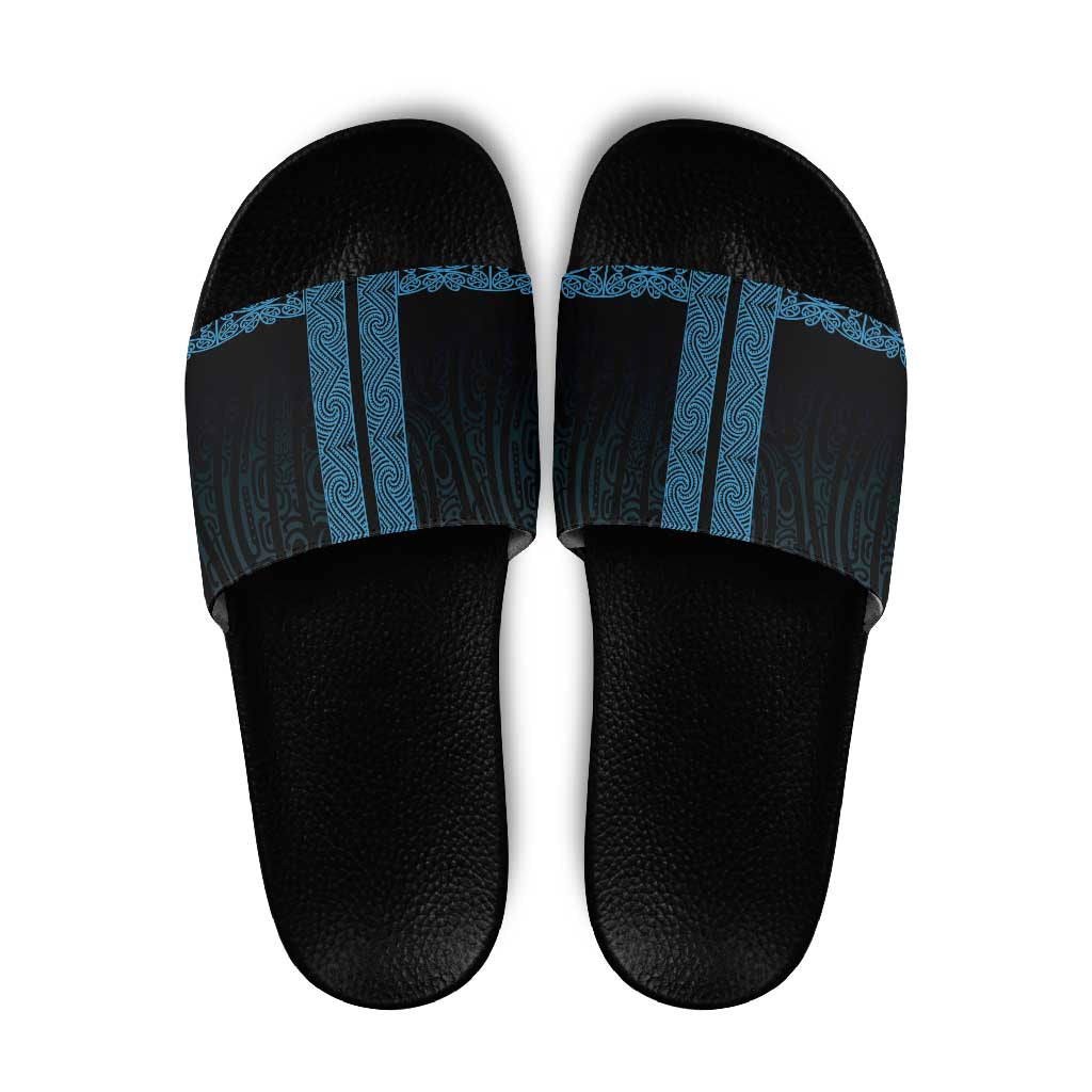 New Zealand Maori Kowhaiwhai Slide Sandals Kikorangi Maui and Mangopare LT9 Blue - Polynesian Pride