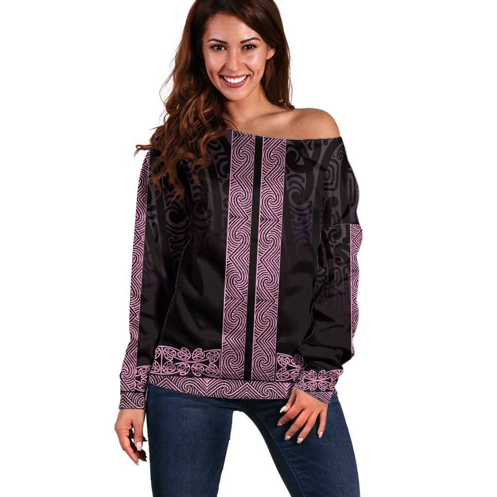 New Zealand Maori Kowhaiwhai Off Shoulder Sweater Mawhero Maui and Mangopare LT9 Women Pink - Polynesian Pride