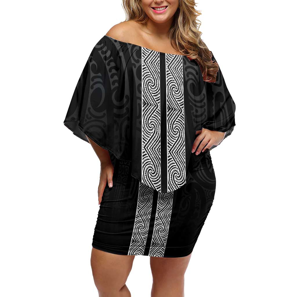 New Zealand Maori Kowhaiwhai Off Shoulder Short Dress Pango Maui and Mangopare LT9 Women Black - Polynesian Pride