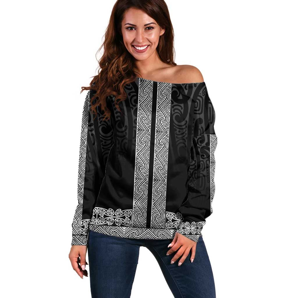 New Zealand Maori Kowhaiwhai Off Shoulder Sweater Pango Maui and Mangopare LT9 Women Black - Polynesian Pride