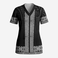 New Zealand Maori Kowhaiwhai Scrub Top Pango Maui and Mangopare LT9 Adult Black - Polynesian Pride