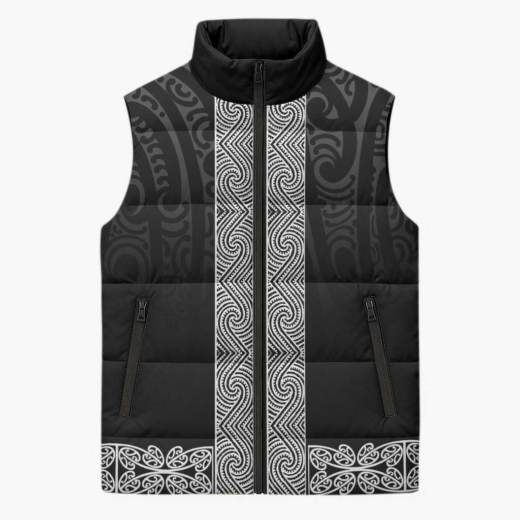 New Zealand Maori Kowhaiwhai Sleeveless Puffer Jacket Pango Maui and Mangopare LT9 Unisex Black - Polynesian Pride