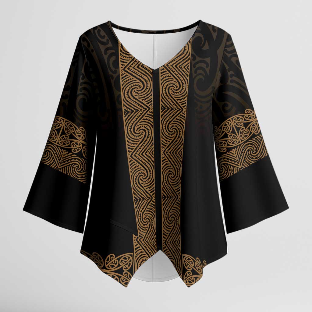 New Zealand Maori Kowhaiwhai Kimono Sleeve Blouse Parauri Maui and Mangopare LT9 Female Brown - Polynesian Pride