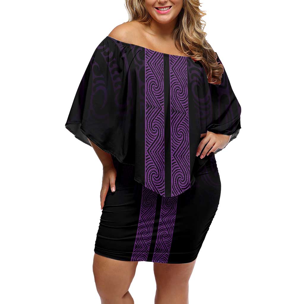 New Zealand Maori Kowhaiwhai Off Shoulder Short Dress Waiporoporo Maui and Mangopare LT9 Women Purple - Polynesian Pride