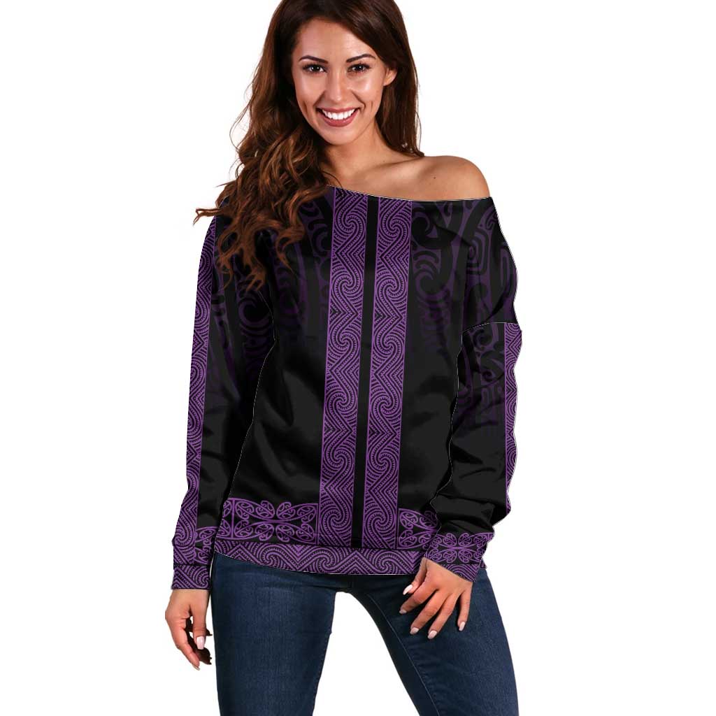 New Zealand Maori Kowhaiwhai Off Shoulder Sweater Waiporoporo Maui and Mangopare LT9 Women Purple - Polynesian Pride
