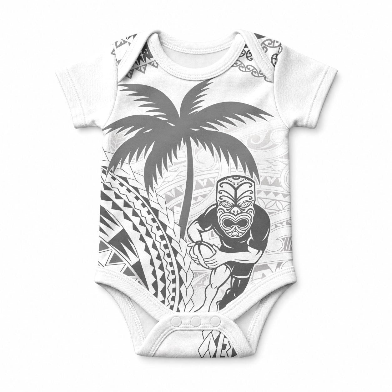 Custom Fiji Black Fern Baby Onesie Maori Warrior with Fijian Masi Pattern LT9 White - Polynesian Pride