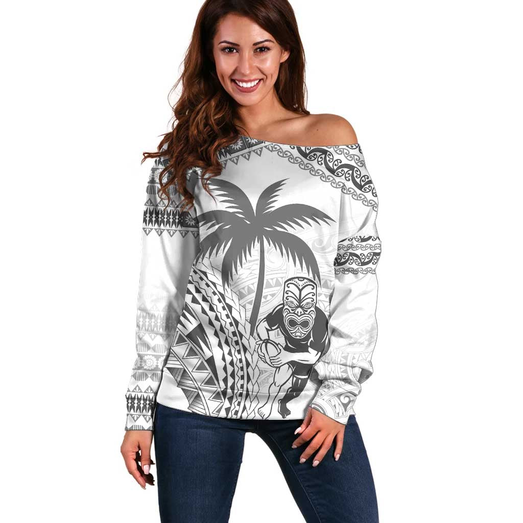 Custom Fiji Black Fern Off Shoulder Sweater Maori Warroir with Fijian Masi Pattern LT9 Women White - Polynesian Pride