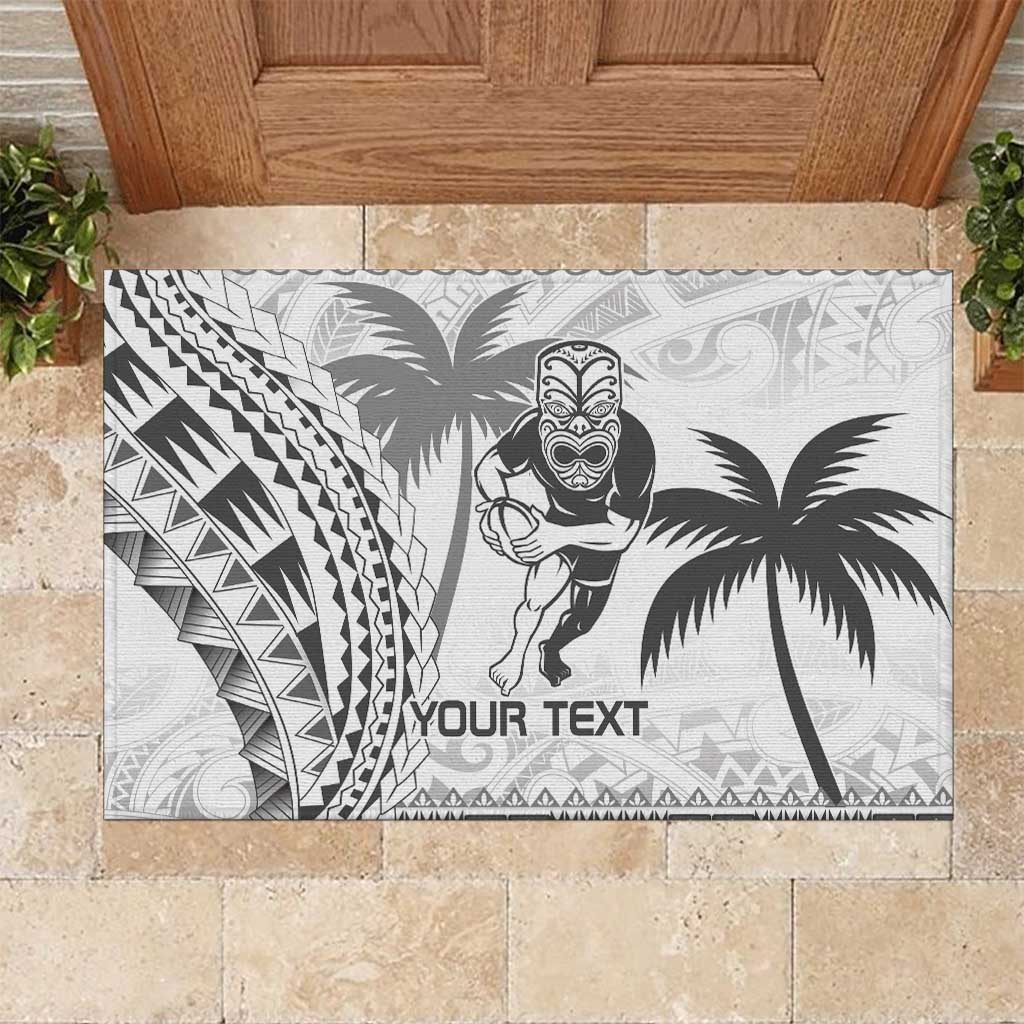 Custom Fiji Black Fern Rubber Doormat Maori Warroir with Fijian Masi Pattern LT9 White - Polynesian Pride
