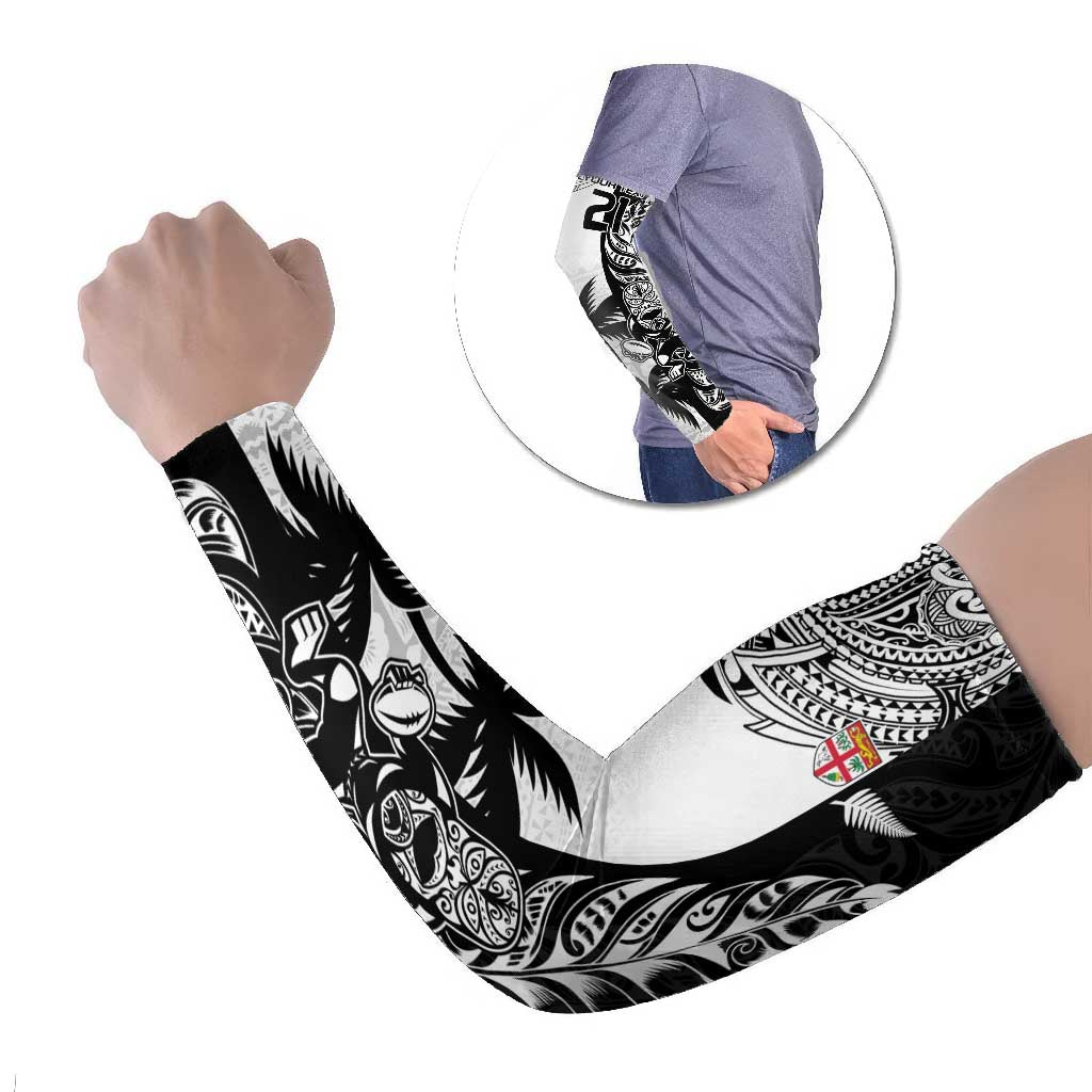 Fiji New Zealand Rugby Personalised Arm Sleeves Maori and Tapa Pattern LT9 Set of 2 Black - Polynesian Pride
