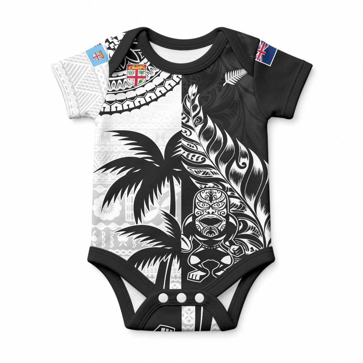 Custom Fiji New Zealand Baby Onesie Maori mix Tapa Pattern Version LT9 Black - Polynesian Pride
