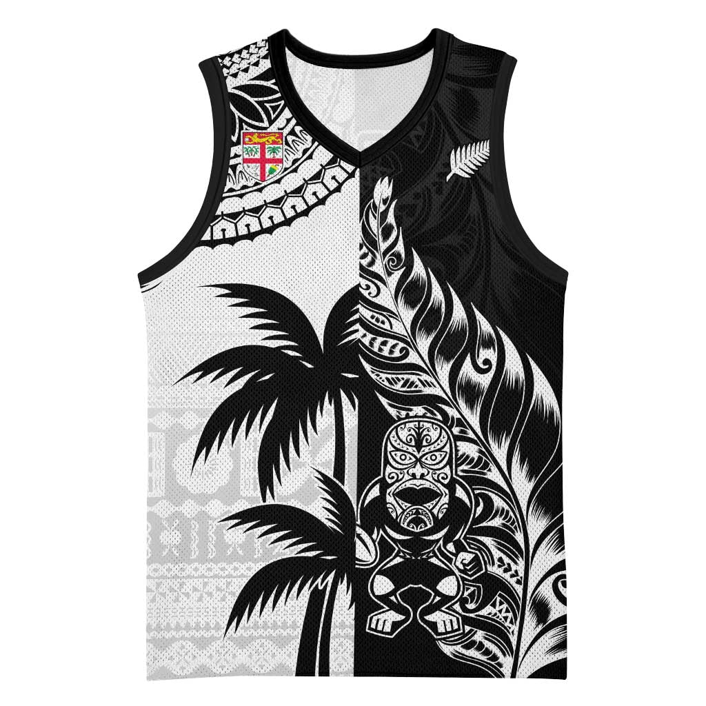 Fiji New Zealand Rugby Personalised Basketball Jersey Maori and Tapa Pattern LT9 Unisex Black - Polynesian Pride
