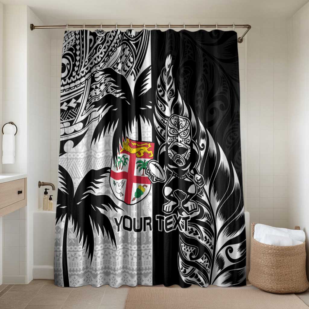 Fiji New Zealand Rugby Personalised Bathroom Set Maori and Tapa Pattern LT9 Shower Curtain Only Black - Polynesian Pride