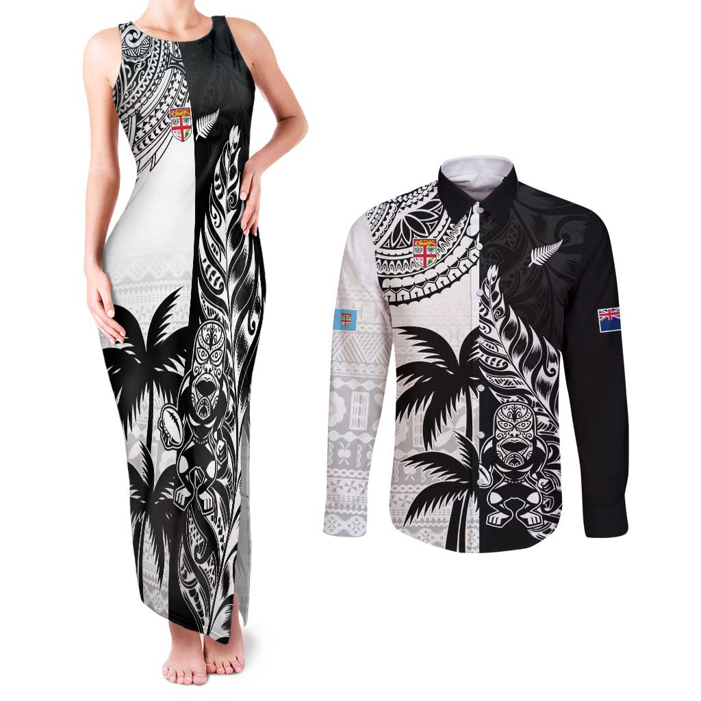 Custom Fiji New Zealand Couples Matching Tank Maxi Dress and Long Sleeve Button Shirt Maori mix Tapa Pattern Version