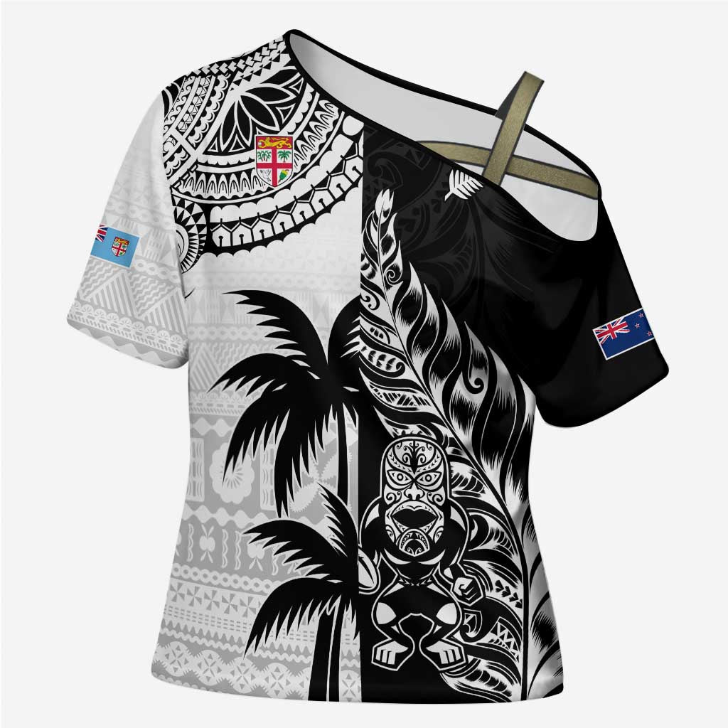Fiji New Zealand Rugby Personalised Cross Shoulder Shirt Maori and Tapa Pattern LT9 Female Black - Polynesian Pride