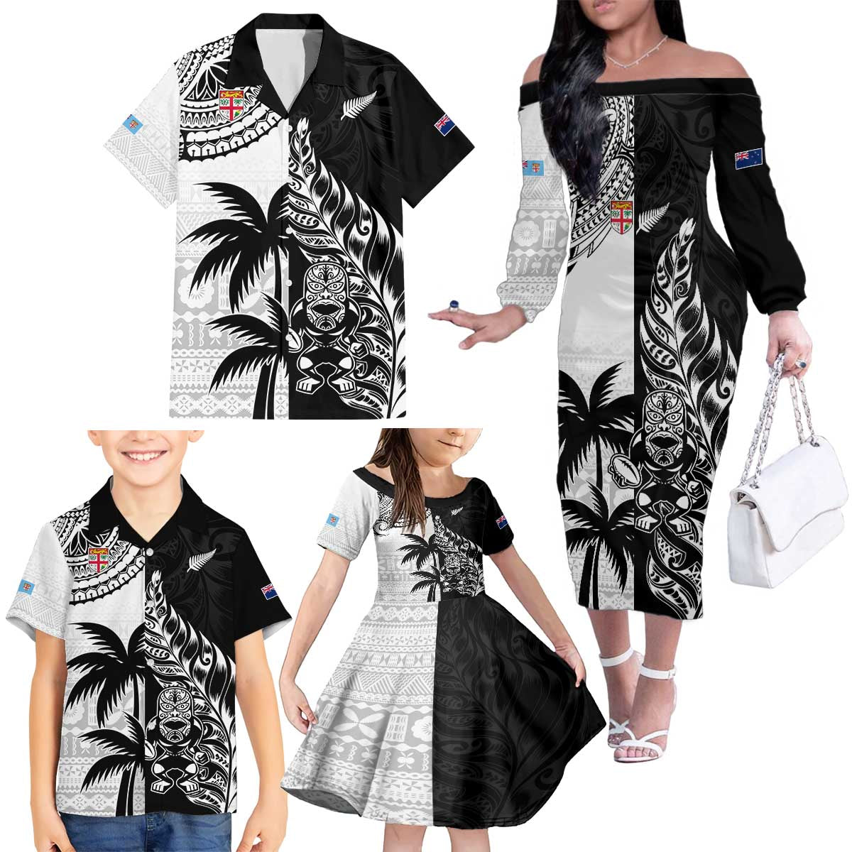 Custom Fiji New Zealand Family Matching Off The Shoulder Long Sleeve Dress and Hawaiian Shirt Maori mix Tapa Pattern Version