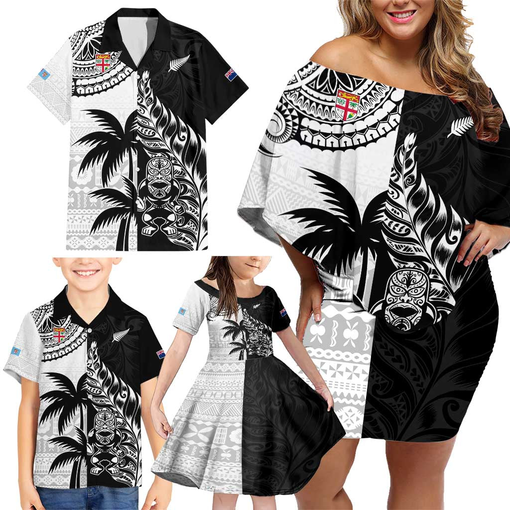 Custom Fiji New Zealand Family Matching Off Shoulder Short Dress and Hawaiian Shirt Maori mix Tapa Pattern Version