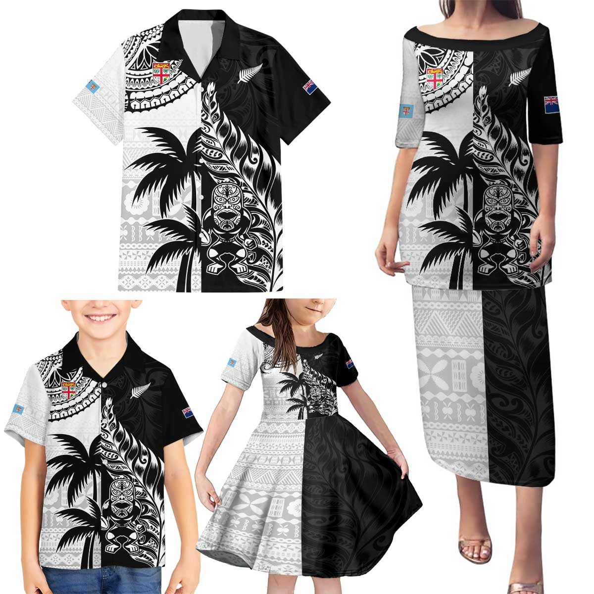 Custom Fiji New Zealand Family Matching Puletasi and Hawaiian Shirt Maori mix Tapa Pattern Version