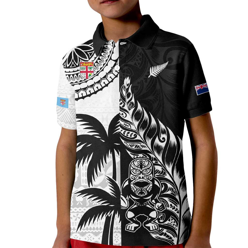 Custom Fiji New Zealand Kid Polo Shirt Maori mix Tapa Pattern Version LT9 Kid Black - Polynesian Pride