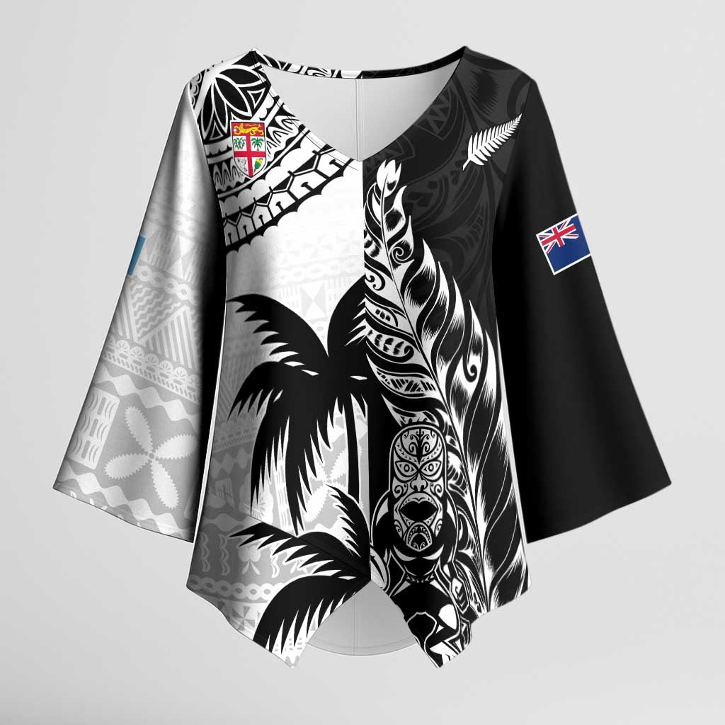 Fiji New Zealand Rugby Personalised Kimono Sleeve Blouse Maori and Tapa Pattern LT9 Female Black - Polynesian Pride