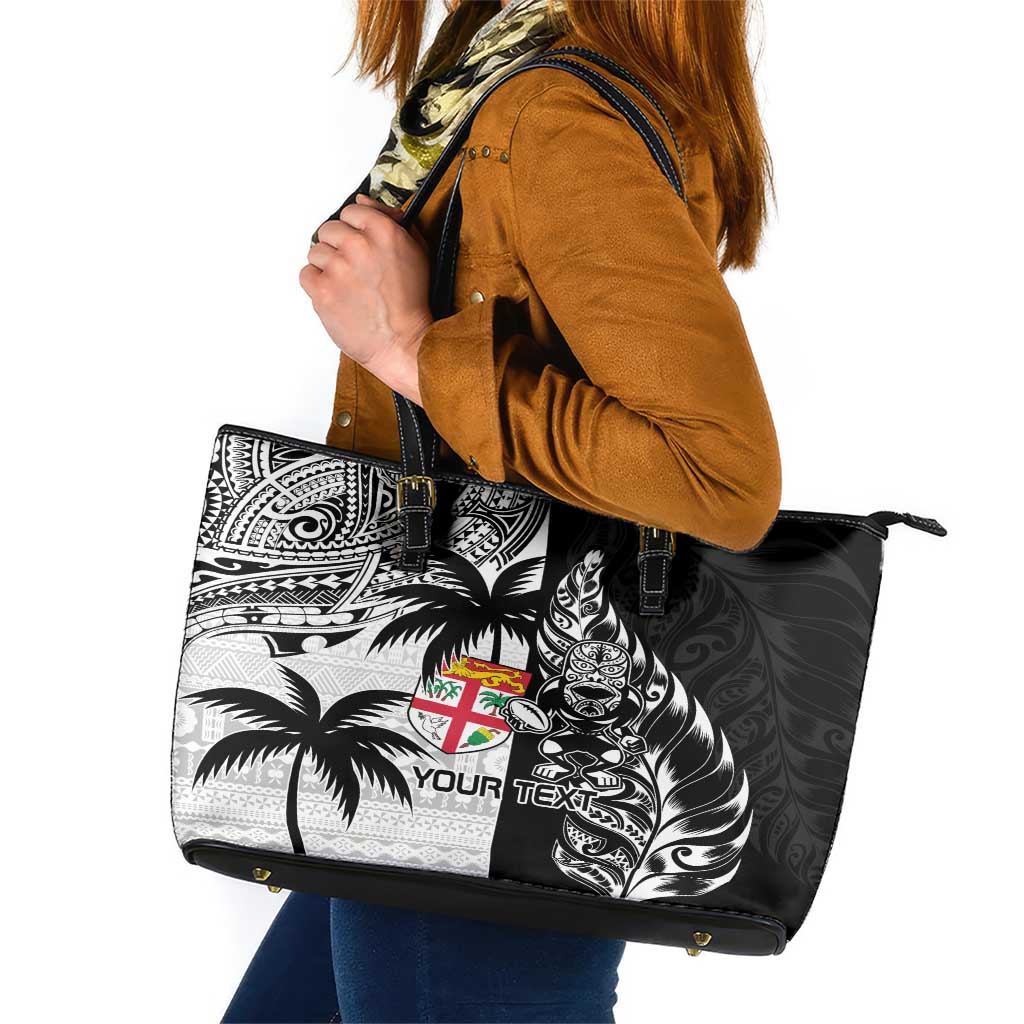 Custom Fiji New Zealand Leather Tote Bag Maori mix Tapa Pattern Version LT9 Black - Polynesian Pride