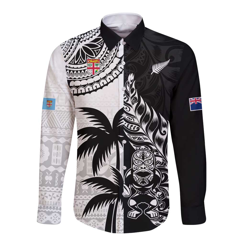 Custom Fiji New Zealand Long Sleeve Button Shirt Maori mix Tapa Pattern Version LT9 Unisex Black - Polynesian Pride