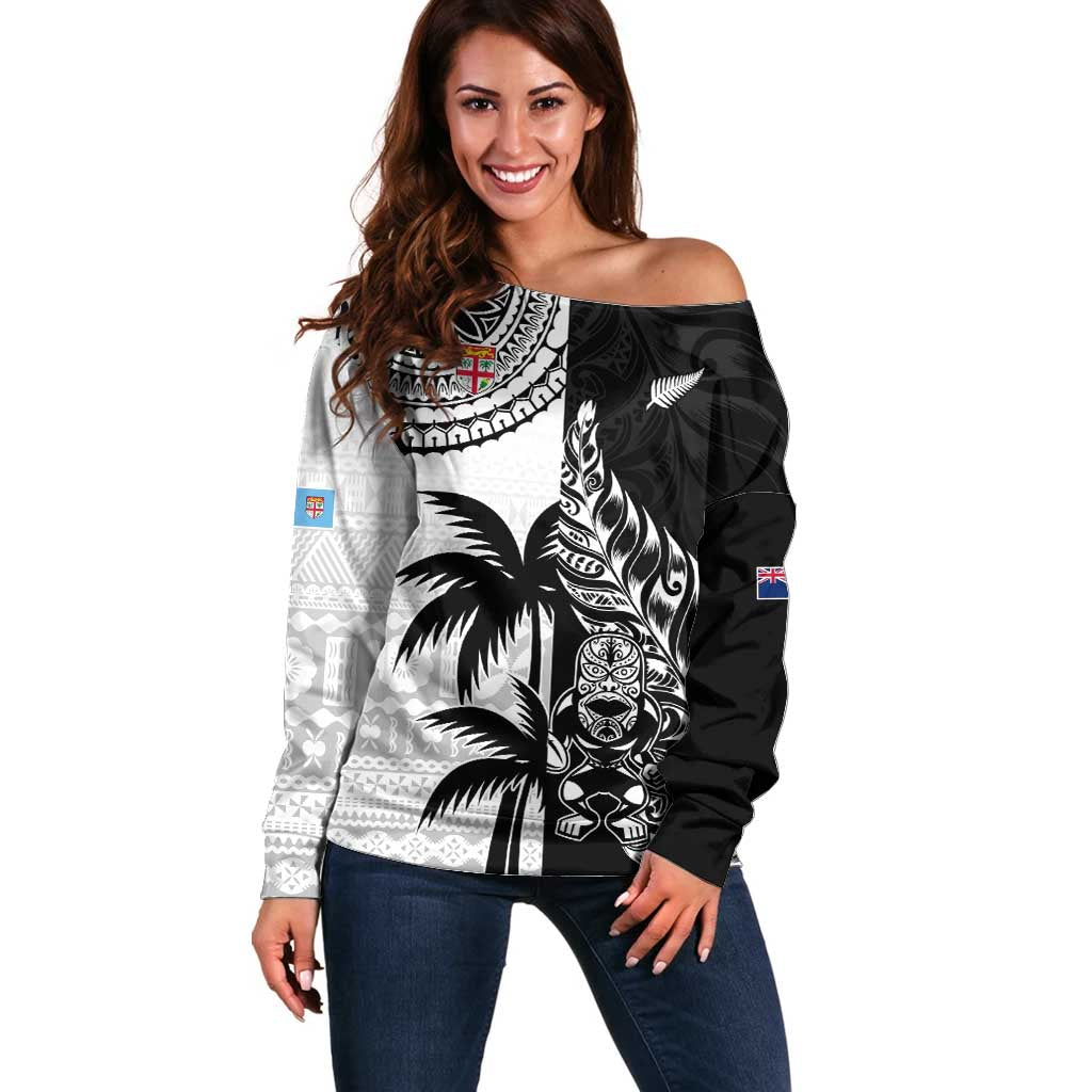 Custom Fiji New Zealand Off Shoulder Sweater Maori mix Tapa Pattern Version LT9 Women Black - Polynesian Pride