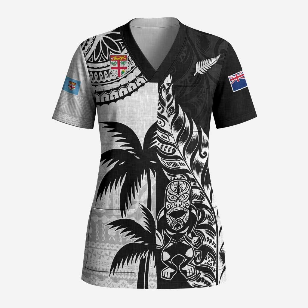 Fiji New Zealand Rugby Personalised Scrub Top Maori and Tapa Pattern LT9 Adult Black - Polynesian Pride