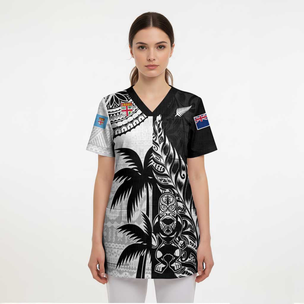 Fiji New Zealand Rugby Personalised Scrub Top Maori and Tapa Pattern LT9 - Polynesian Pride
