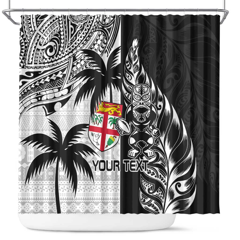 Custom Fiji New Zealand Shower Curtain Maori mix Tapa Pattern Version LT9 Black - Polynesian Pride