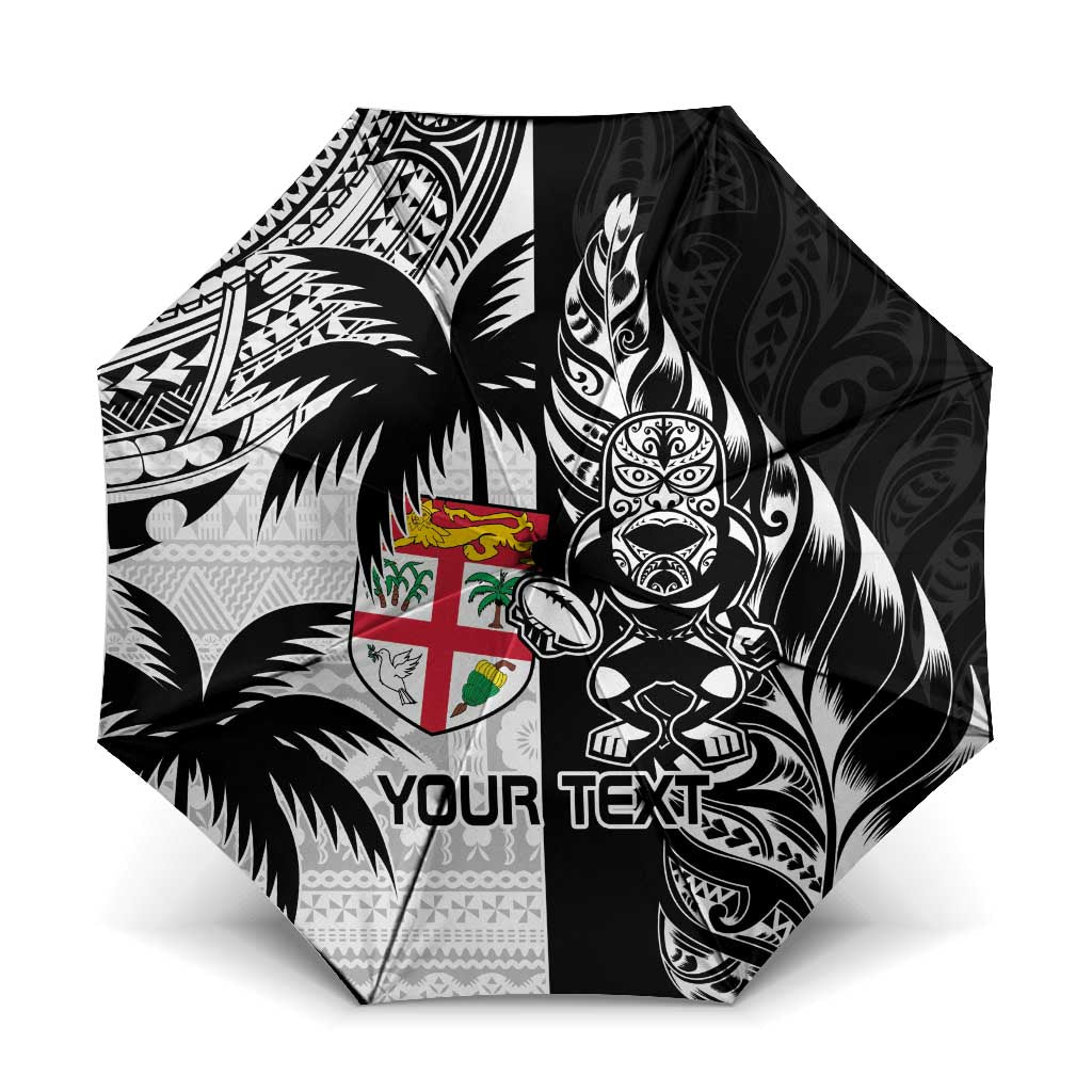 Fiji New Zealand Rugby Personalised Umbrella Maori and Tapa Pattern LT9 One Size Folded 11.42 inch Opened Diameter 37.4 inch Black - Polynesian Pride