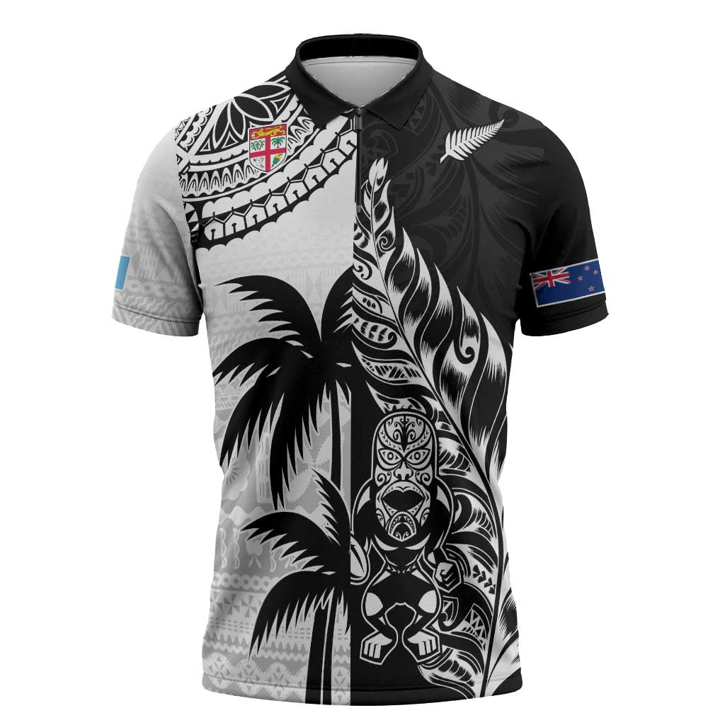 Fiji New Zealand Rugby Personalised Zipper Polo Shirt Maori and Tapa Pattern LT9 Black - Polynesian Pride