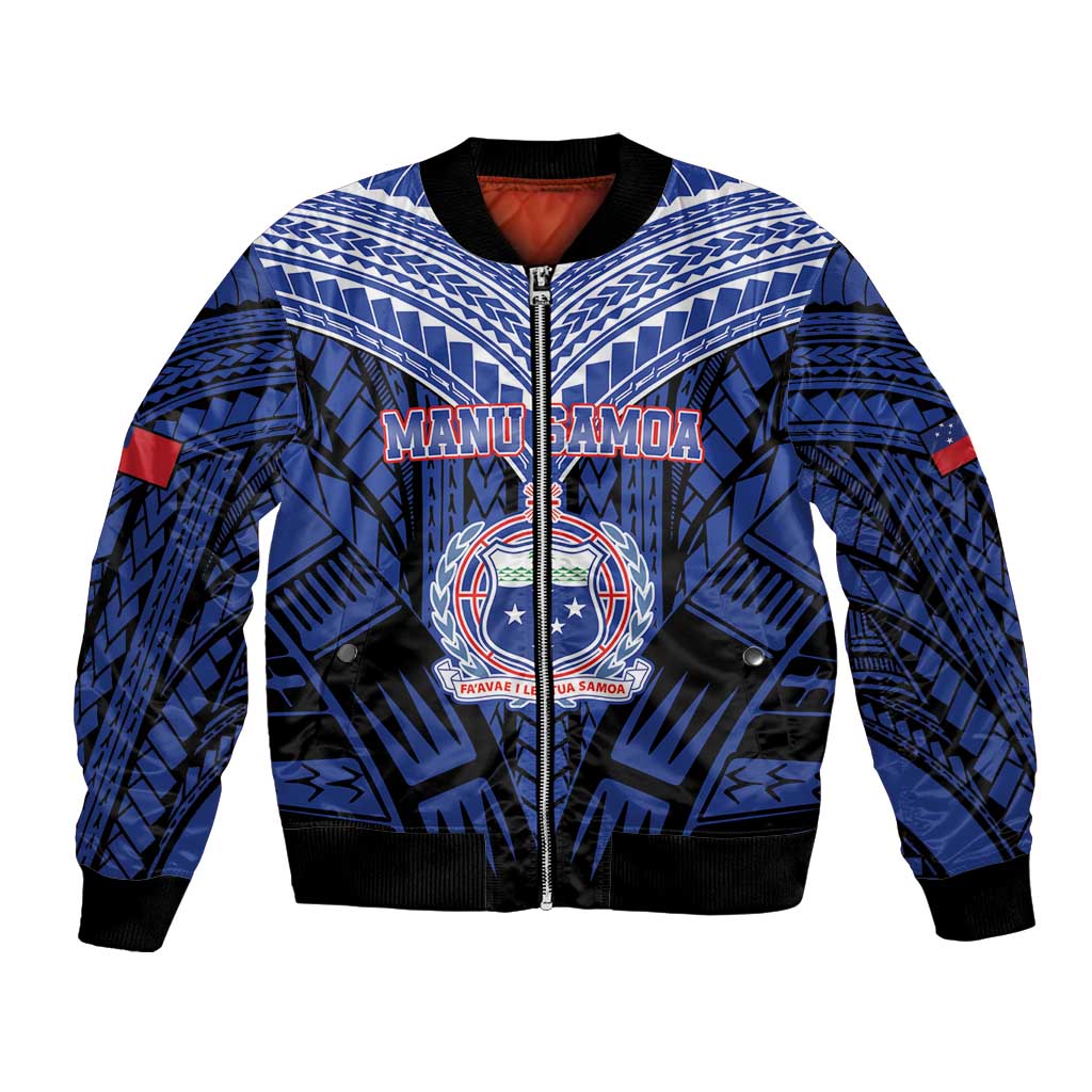 Custom Manu Samoa Sevens Rugby Bomber Jacket Samoan Tribal Tattoo LT9 Unisex Blue - Polynesian Pride