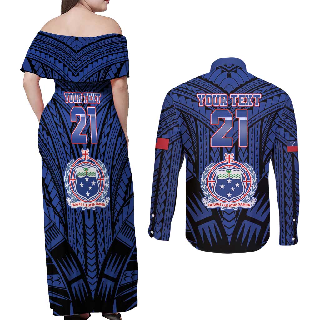 Custom Manu Samoa Sevens Rugby Couples Matching Off Shoulder Maxi Dress and Long Sleeve Button Shirt Samoan Tribal Tattoo LT9 - Polynesian Pride