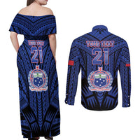 Custom Manu Samoa Sevens Rugby Couples Matching Off Shoulder Maxi Dress and Long Sleeve Button Shirt Samoan Tribal Tattoo LT9 - Polynesian Pride
