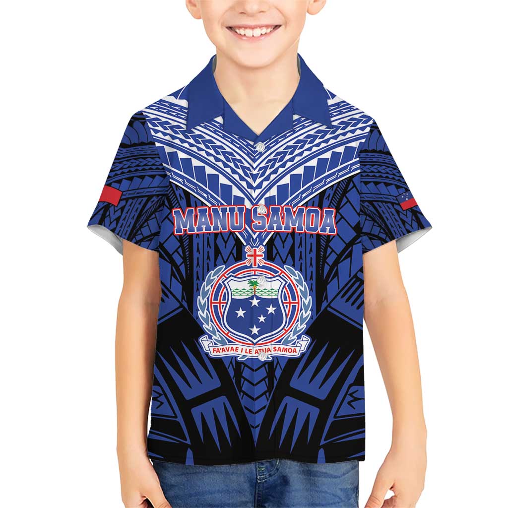 Custom Manu Samoa Sevens Rugby Kid Hawaiian Shirt Samoan Tribal Tattoo LT9 Kid Blue - Polynesian Pride