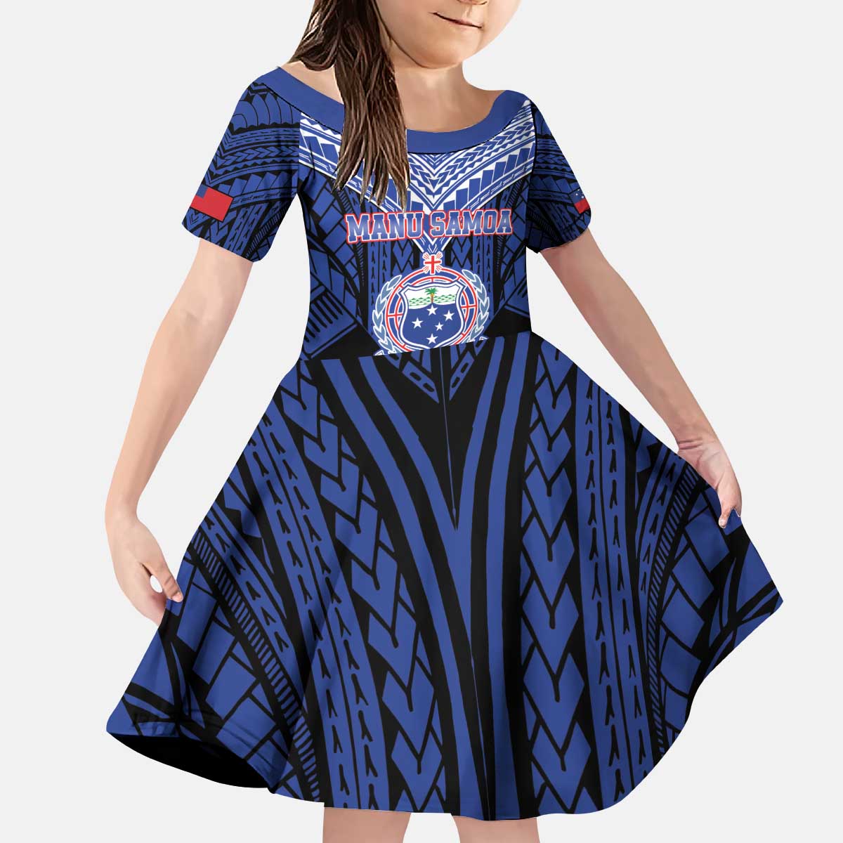 Custom Manu Samoa Sevens Rugby Kid Short Sleeve Dress Samoan Tribal Tattoo LT9 KID Blue - Polynesian Pride