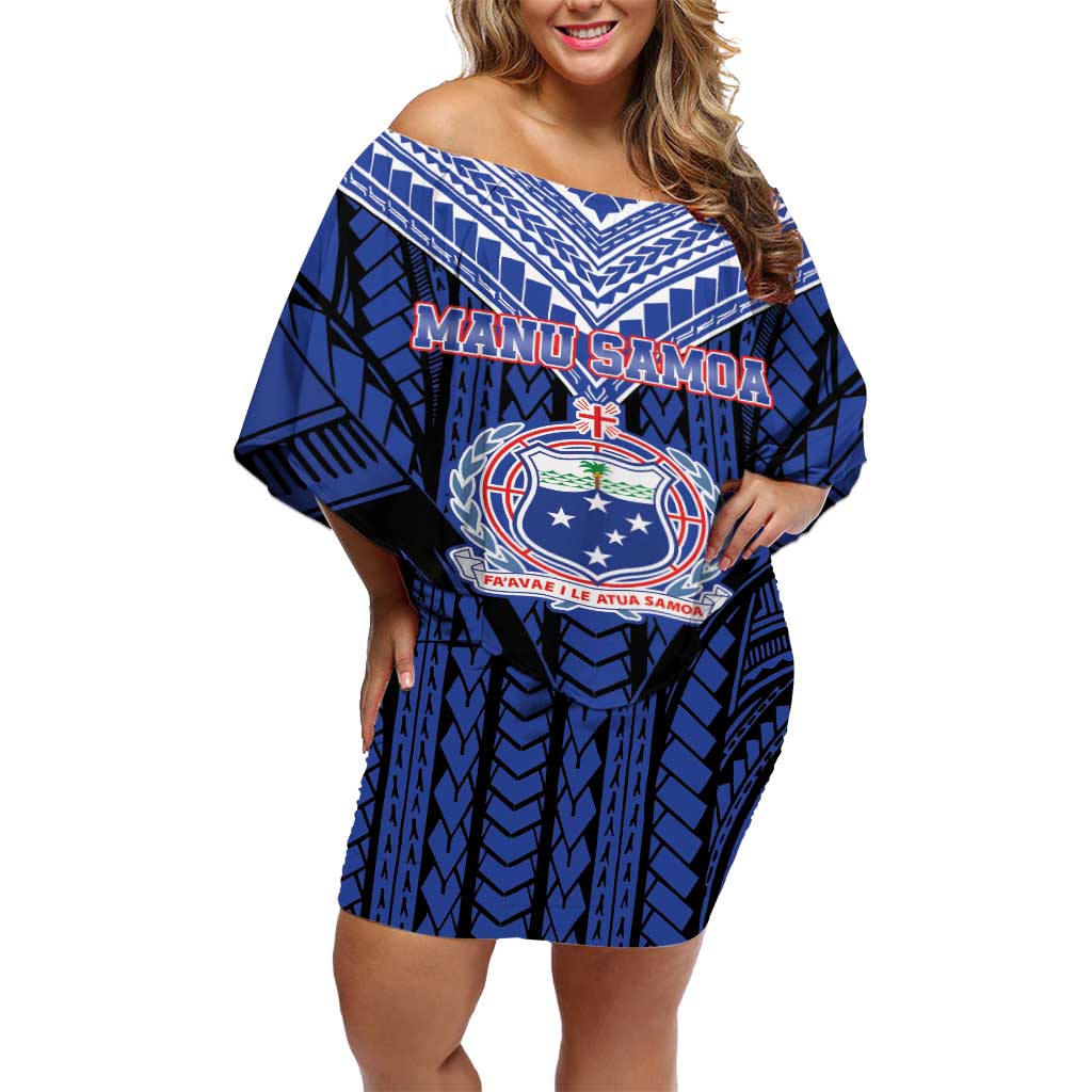 Custom Manu Samoa Sevens Rugby Off Shoulder Short Dress Samoan Tribal Tattoo LT9 Women Blue - Polynesian Pride