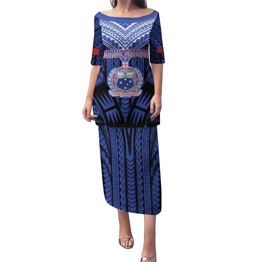 Custom Manu Samoa Sevens Rugby Puletasi Samoan Tribal Tattoo LT9 Long Dress Blue - Polynesian Pride
