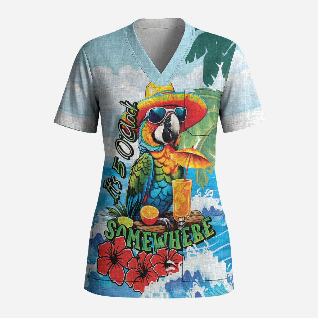 Funny Parrot Margarita Five O'clock Somewhere Scrub Top LT9 Adult Blue - Polynesian Pride